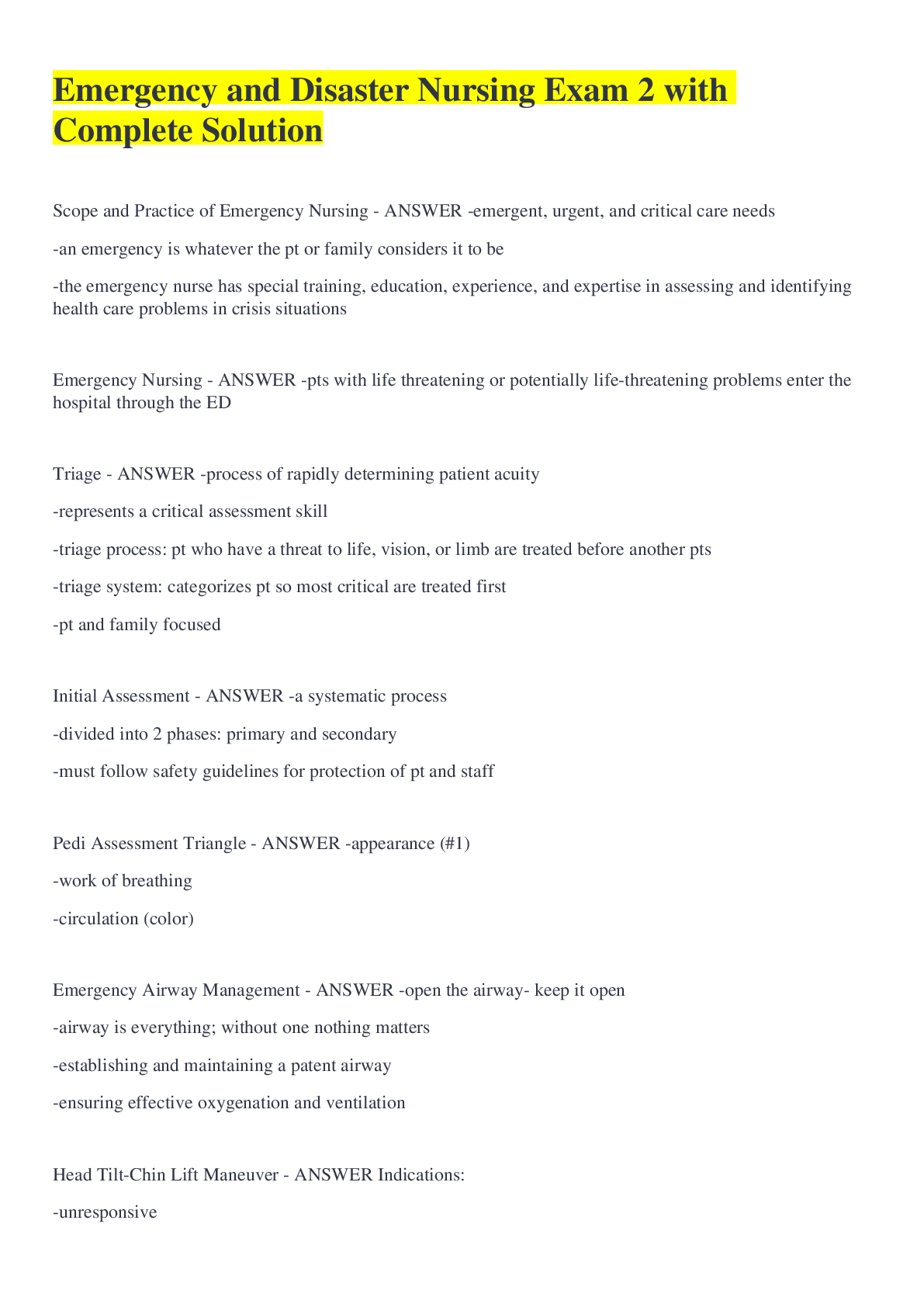 Preview image of Emergency and Disaster Nursing Exam 2 with Complete Solution document